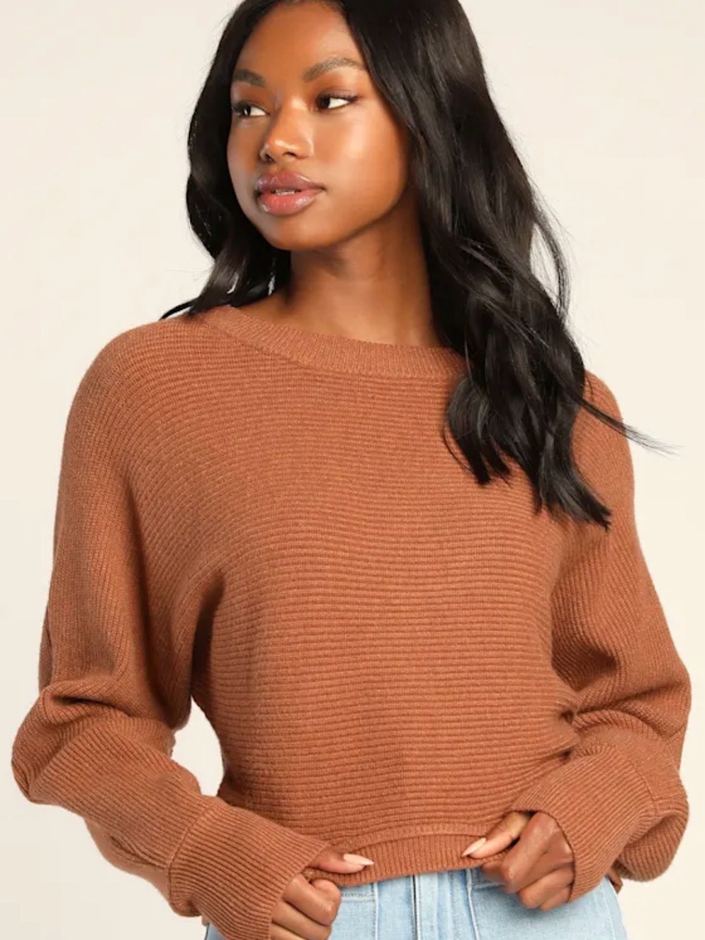 Lulu’s Hot Fireside Flirt Rust Brown Ribbed Cropped Pullover Sweater Sz Medium